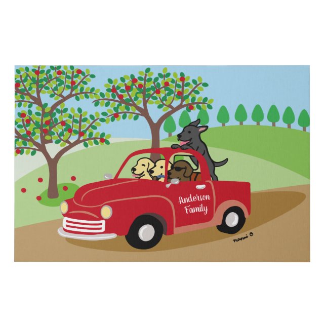Four Labradors and Red Truck Family Faux Canvas Print (Front)