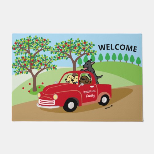 Four Labradors and Red Truck Welcome Doormat