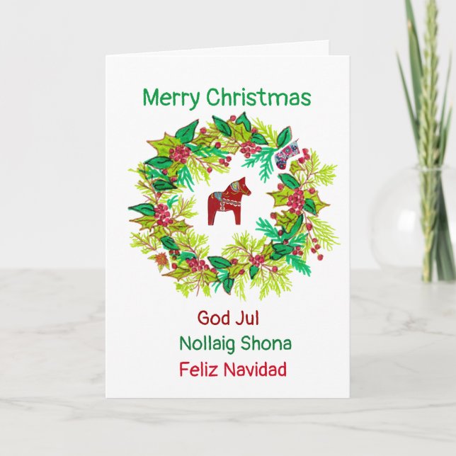 Four Language Dala Horse Christmas Card (Front)
