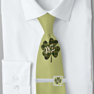 Four Leaf Clover Center Monogram   Neck Tie