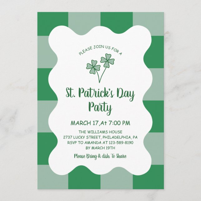 Four Leaf Clover Checkerboard St Patrick's Day  Invitation (Front)