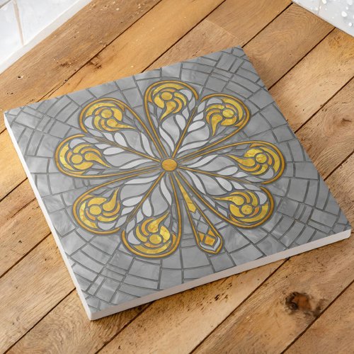 Four_leaf clover _ Gold and Pearl Mosaic Ceramic Tile