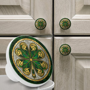 Four-leaf clover - Gold, Malachite Pearl Ceramic Knob