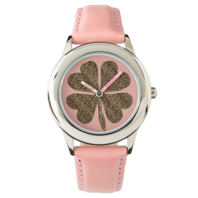 Four Leaf Clover Good Luck Symbol Pink Gold Look Watch (Front)