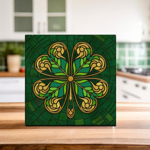 Four_leaf clover _ Green and Gold Mosaic Ceramic Tile