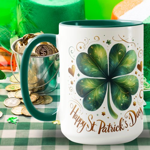 Four Leaf Clover Green and Gold St Patricks Day Mug