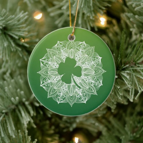 Four Leaf Clover Green Mandala Ceramic Ornament