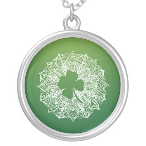 Four Leaf Clover Green Mandala Silver Plated Necklace