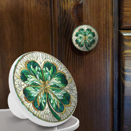 Four-leaf clover - green marble and gold ceramic knob