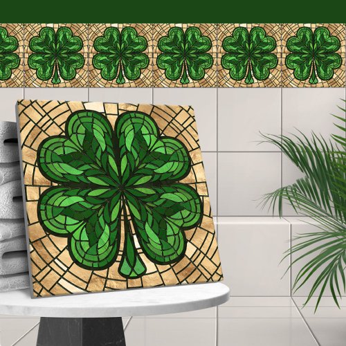 Four_leaf clover _ Green Marble and Gold Mosaic Ceramic Tile