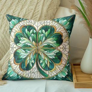 Four-leaf clover - green marble and gold throw pillow