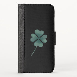 Four Leaf Clover Green On Black Watercolor iPhone X Wallet Case