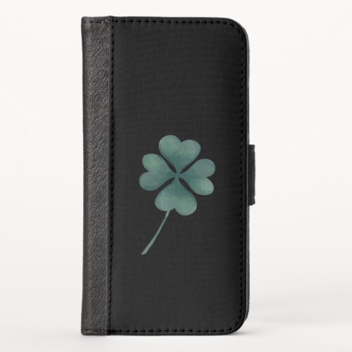 Four Leaf Clover Green On Black Watercolor iPhone X Wallet Case