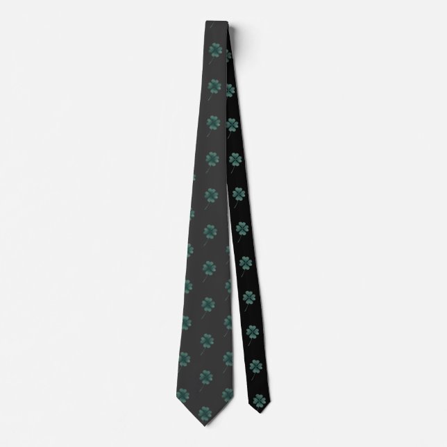 Four Leaf Clover Green On Black Watercolor Neck Tie (Front)