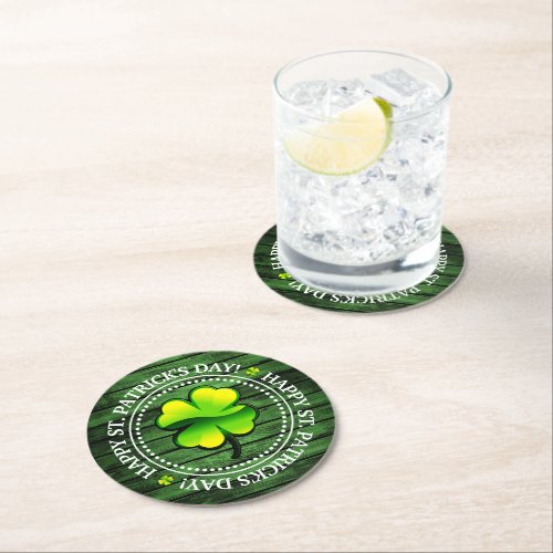Four Leaf Clover Happy St Patrick Day Round Paper Coaster
