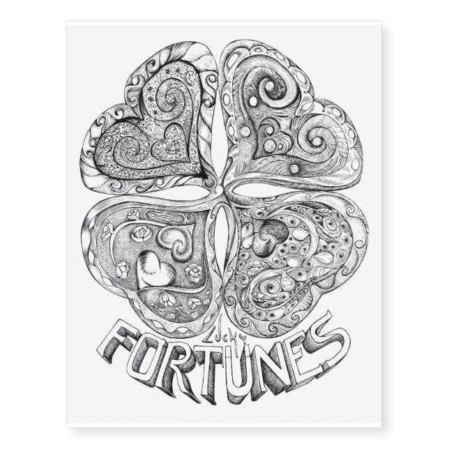 Four Leaf Clover Heart Lucky Fortunes Black Tattoo (Front)
