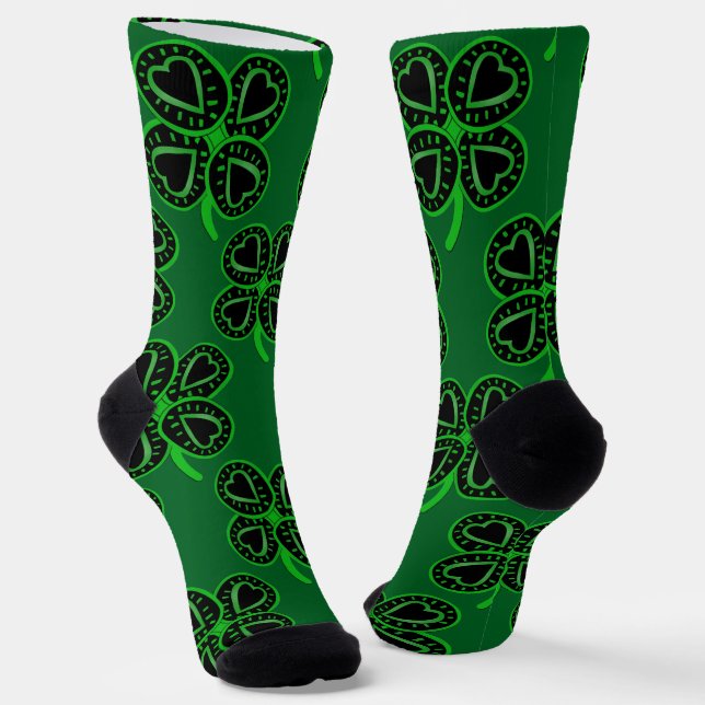 Four-leaf Clover Heart modern St Patrick's Day Socks (Angled)