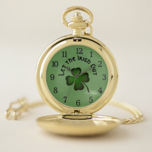 Four Leaf Clover Let the Irish Out Black Numbers Pocket Watch