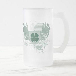 four leaf clover. luck o' the irish. frosted glass beer mug