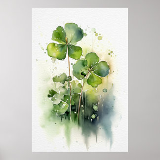 Four Leaf Clover Painting Irish Watercolor Poster