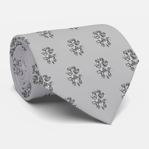 Four Leaf Clover Pattern Good Luck Silver Gray Neck Tie