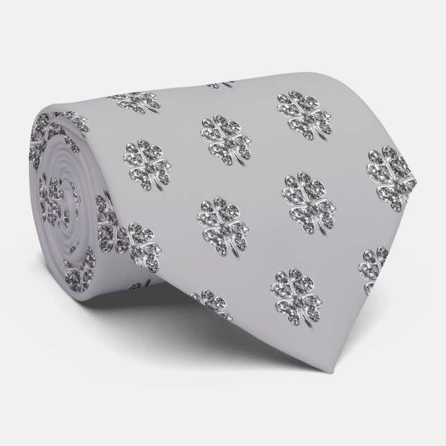 Four Leaf Clover Pattern Good Luck Silver Gray Neck Tie (Rolled)