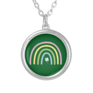 Four Leaf Clover Rainbow St Patrick's Day  Silver Plated Necklace