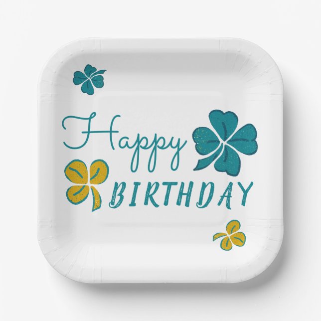 Four Leaf Clover Shamrock Happy Birthday Paper Plates (Front)
