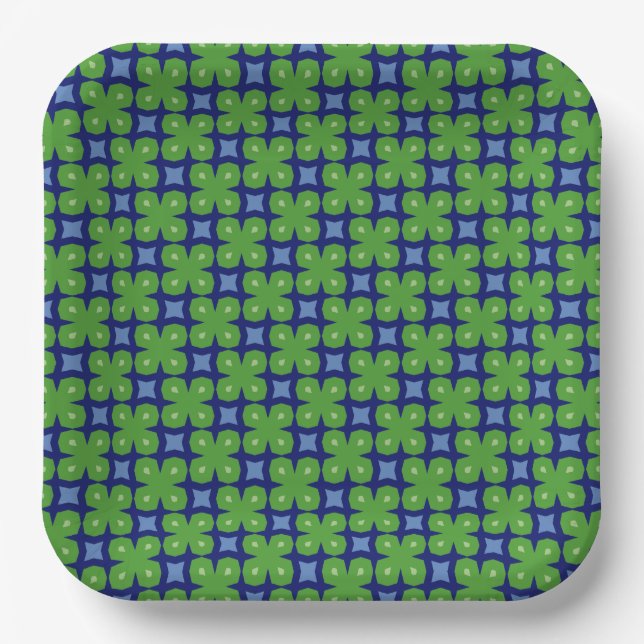 Four-Leaf Clovers on Blue Repeating Print Paper Plates (Front)