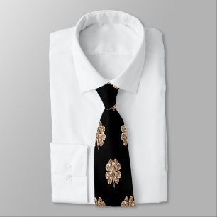Four Leaf Clovers Pattern Elegant Black and Gold Neck Tie