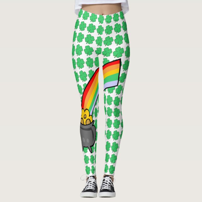 Four Leaf Clovers Pot Of Gold Rainbow Leggings (Front)