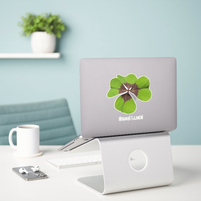 Four Leaf Lucky Clover St Patricks Day Good Luck Sticker (Laptop On Desk)