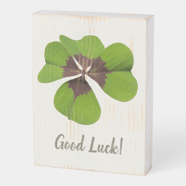 Four Leaf Lucky Clover St Patricks Day Good Luck Wooden Box Sign (Angled Vertical)