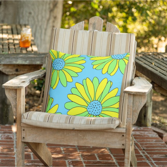 Four Lime Blue and Yellow Daisies Outdoor Pillow (Chair)