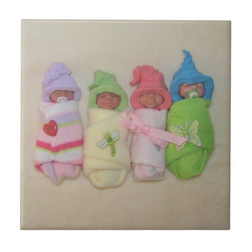 Four Little Babies Polymer Clay Sculptures Tile