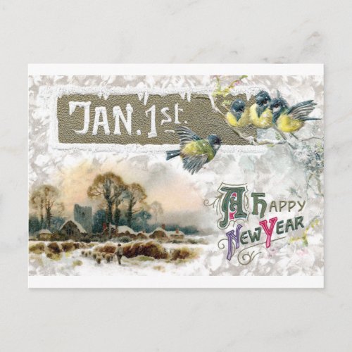 Four Little Birds Tweet Happy New Year Holiday Postcard