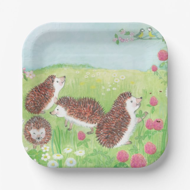 Four Little Hedgehogs in the Flowering Meadow Paper Plates (Front)