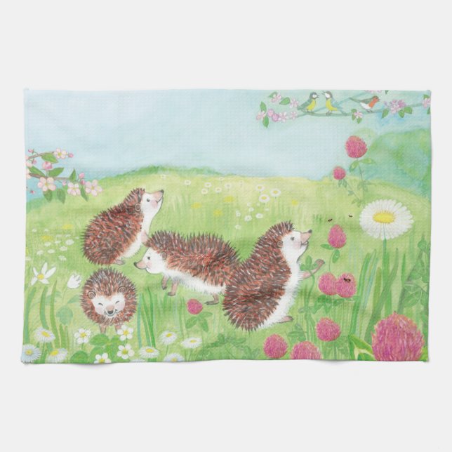 Four Little Hedgehogs in the Meadow Kitchen Towel (Horizontal)