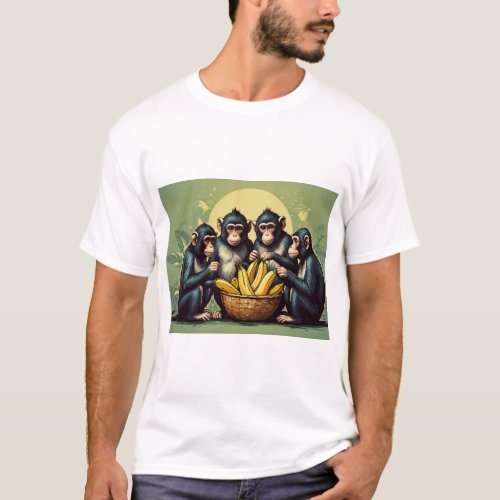 Four Monkeys Sharing Bananas Joyful Companionship T_Shirt