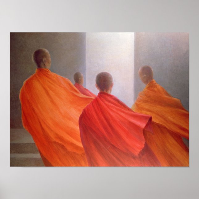 Four Monks on Temple Steps Poster (Front)