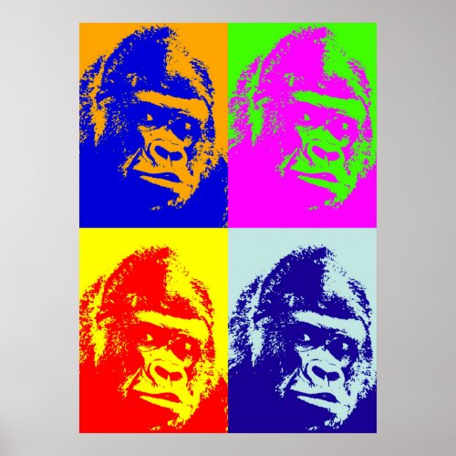 Four Multicolor Gorilla Pop Art Poster