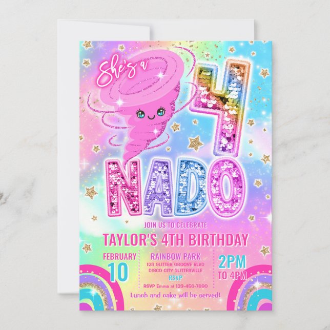 Four Nado Rainbow Glitter 4th Birthday Party  Invitation (Front)