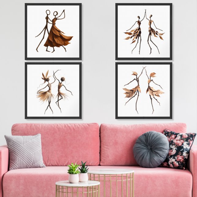 Four Panel Story of Twig Dancers: Botanical Twigs Wall Art Sets (Livingroom)