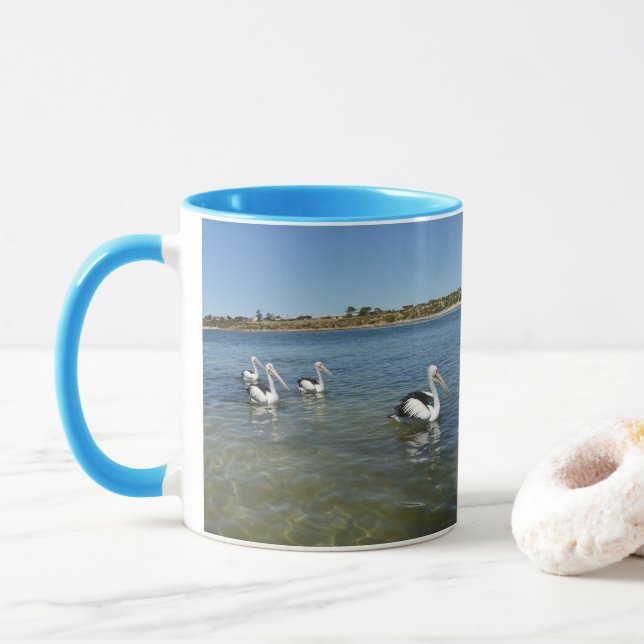 Four Pelicans On The Ocean, Mug (With Donut)