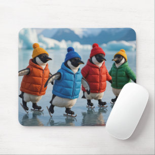 Four Penguins Ice Skating On Arctic Lake Mouse Pad