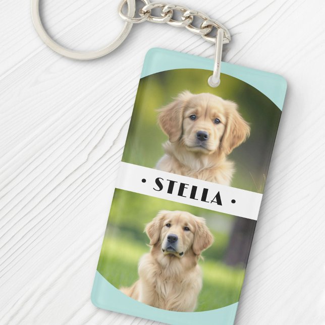 Four pet dog photos light aqua blue curved borders keychain (Creator Uploaded)