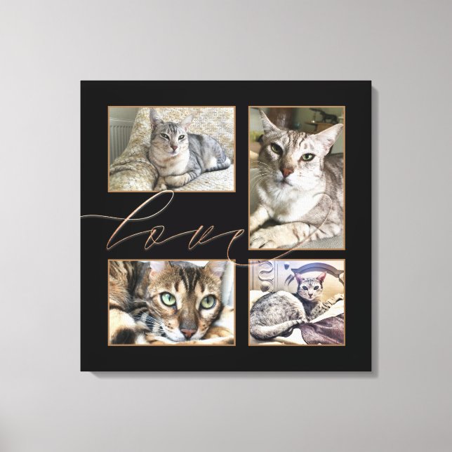 Four Pet Photos Collage Love Script Black Canvas Print (Front)