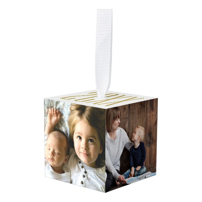Four Photo and Year Cube Ornament (Front Angled)