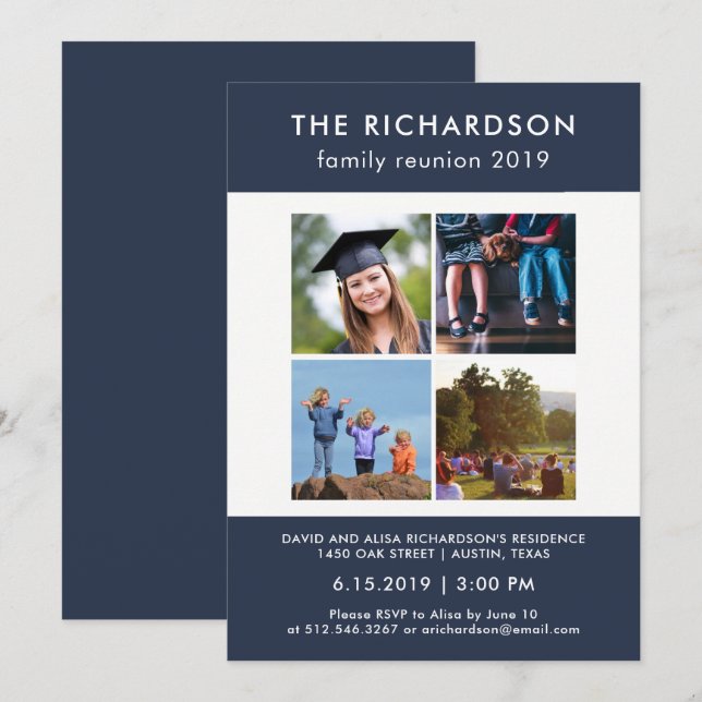 Four Photo Blue and White Family Reunion Invitation (Front/Back)