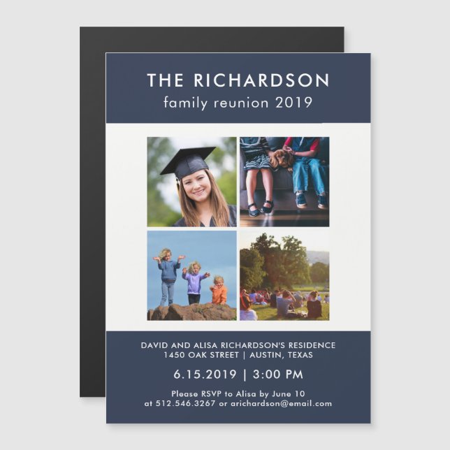 Four Photo Blue and White Family Reunion Magnetic Invitation (Front/Back)